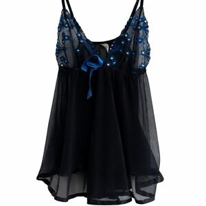 Vintage Y2K Sheer Babydoll‎ Chemise Black Blue Floral Sequin L